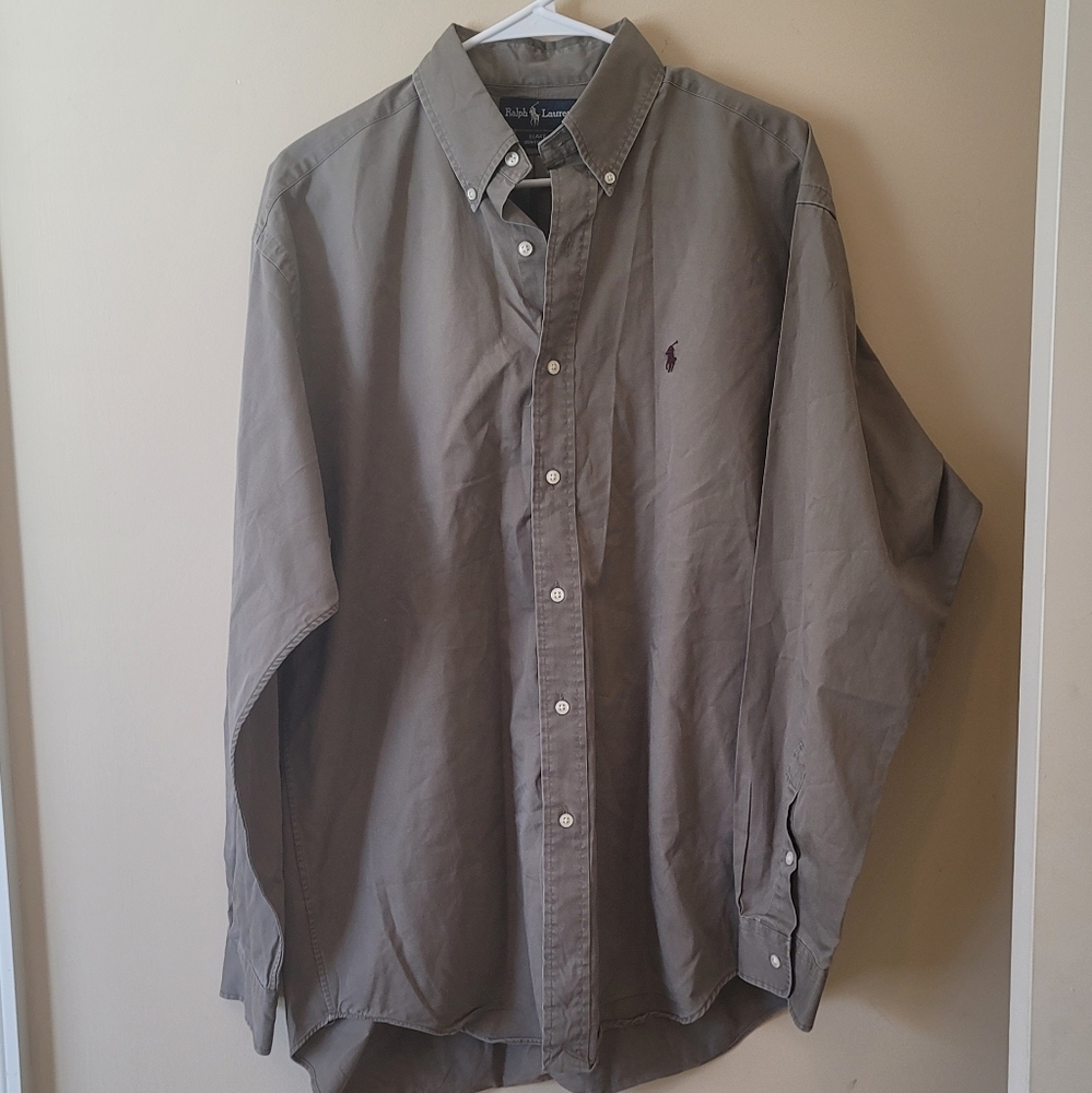 Ralph Lauren Blake Khaki Burgundy Tan Long Sleeve Cotton Button Down Shirt